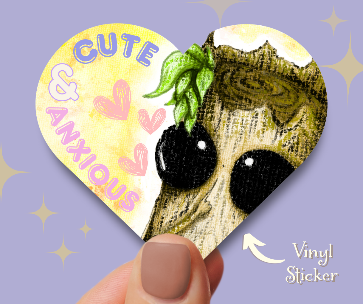 image shows a finger and thumb holding up a heart shaped vinyl sticker in front of a lilac background. The sticker features an illustration of Splint the Twigling to the right of the heart shape, they're a cute creature made from wood with huge black eyes and an innocent expression. To the left of the heart which is yellow, reads the words 'Cute & Anxious' in a graphic bubble font, with hearts beside it