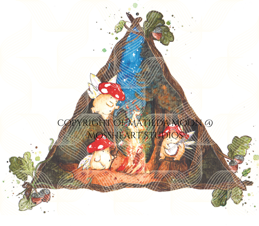 watermarked close up of high quality art print showing three toadstool mushroom fairies around a glowing campfire within a dark forest