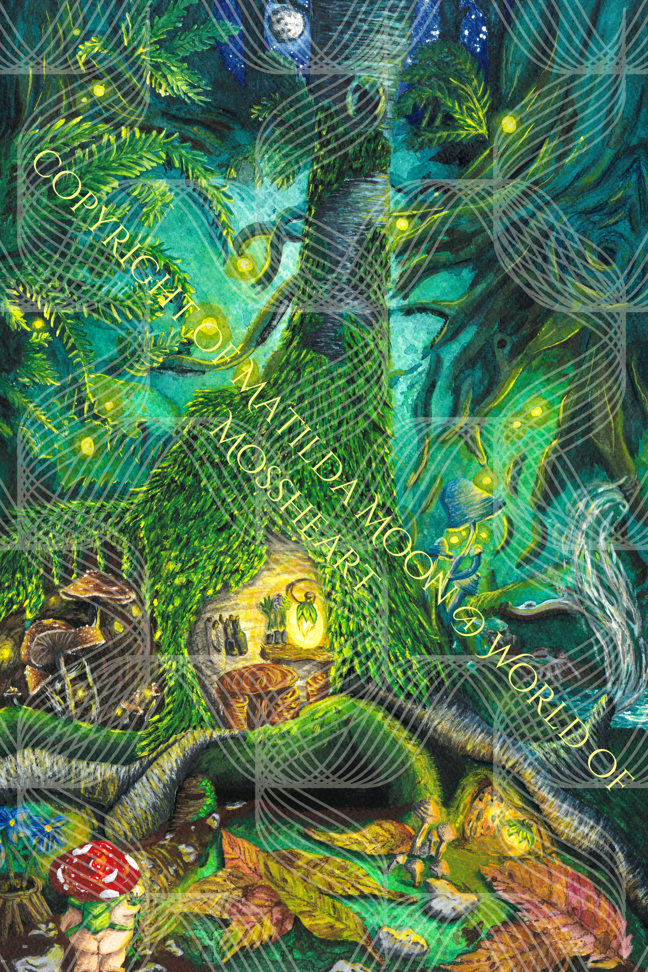 watermarked art piece, the artwork is a print of watercolour painting, of a night time forest scene within Mossheart forest. The piece features a small habitat created within a tree stump, including a chimney. there are fireflies and mushrooms and a mushroom person approaches the scene with her backpack