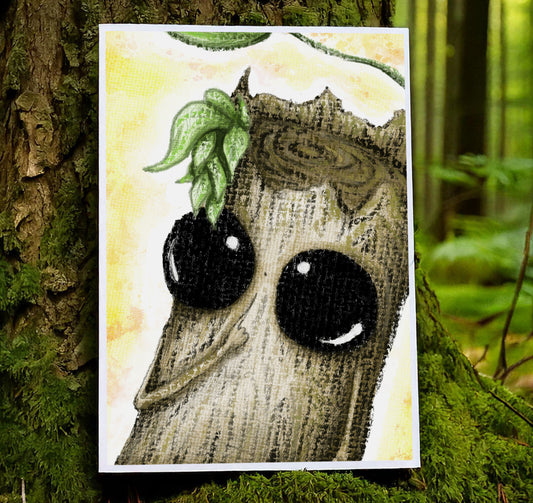 Illustration of a tree stump with eyes and a mouth, placed against a natural background.
