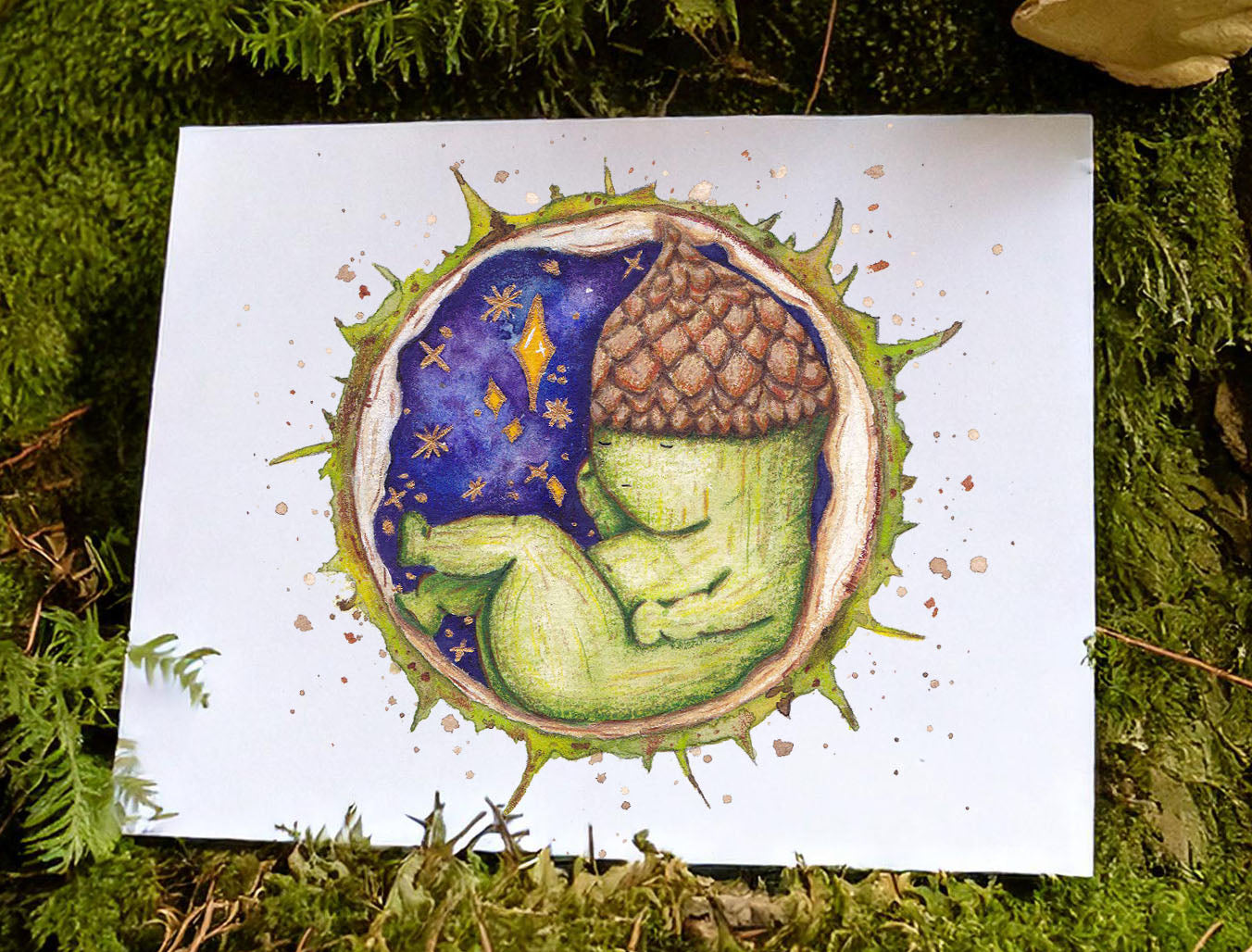 image shows an art print propped against a mossy tree. the art print features a small acorn baby creature sleeping inside the shell of a conker. behind them is a magical starry night