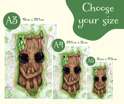 Graphic shows a size demonstration example photo for the 3 sizes available for Splint the Twigling art print. In the top right corner reads the words, choose your size. On the far left there is the A3 size, then beside it is A4, then beside that is A5. They are lined up comparatively and sized to scale. The images are on a cream background