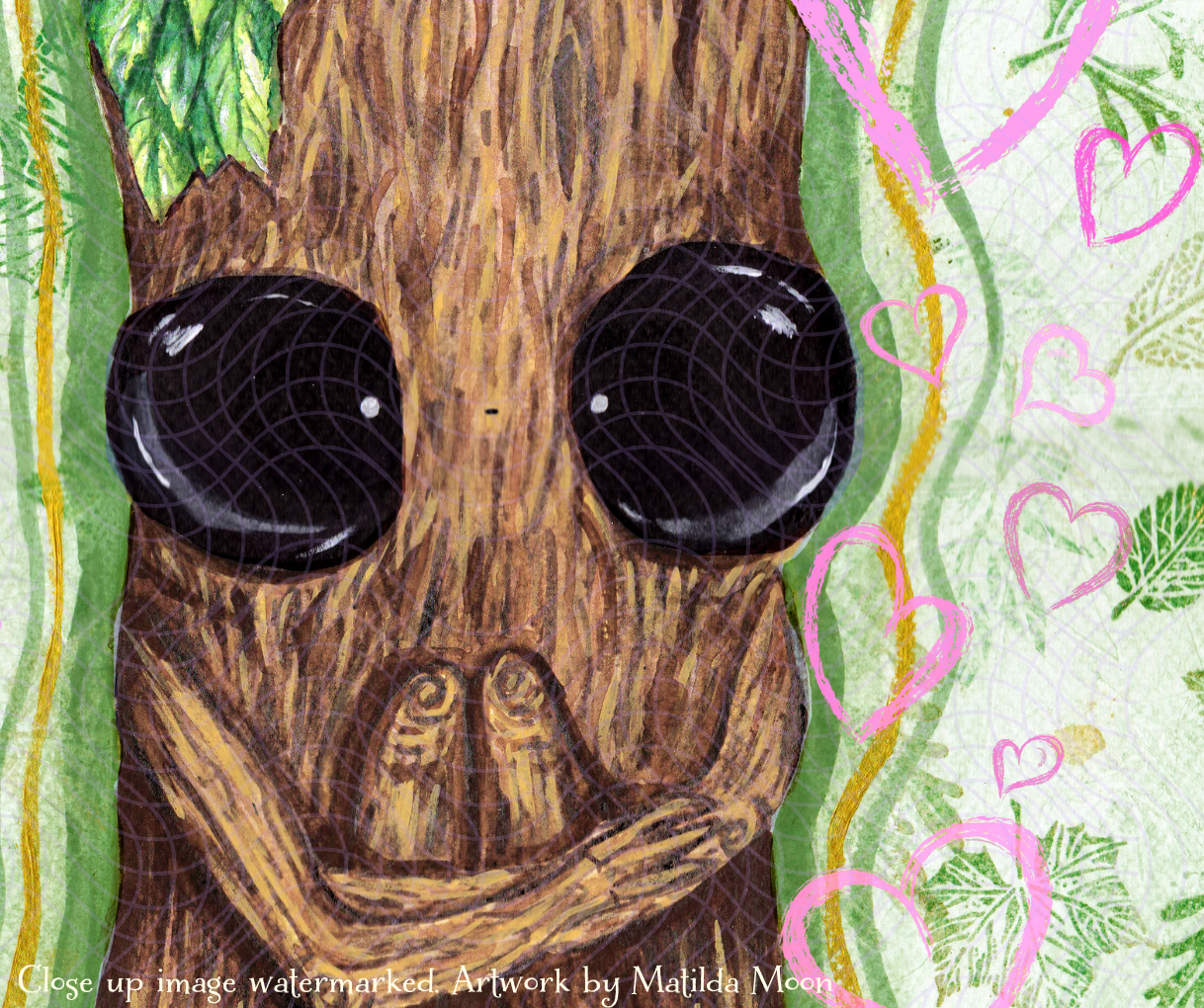 Image shows a watermarked close up of the art print. The frame is zoomed in on Splint's big eyes and features their arms hugging their knees. Splint is orientated to the left, and to the right shows the pink hearts scattered beside them.