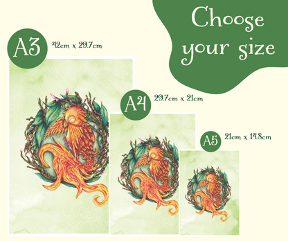 Graphic shows a size demonstration example photo for the 3 sizes available for Sparks the Phoenix art print. In the top right corner reads the words, choose your size. On the far left there is the A3 size, then beside it is A4, then beside that is A5. They are lined up comparatively and sized to scale. The images are on a cream background