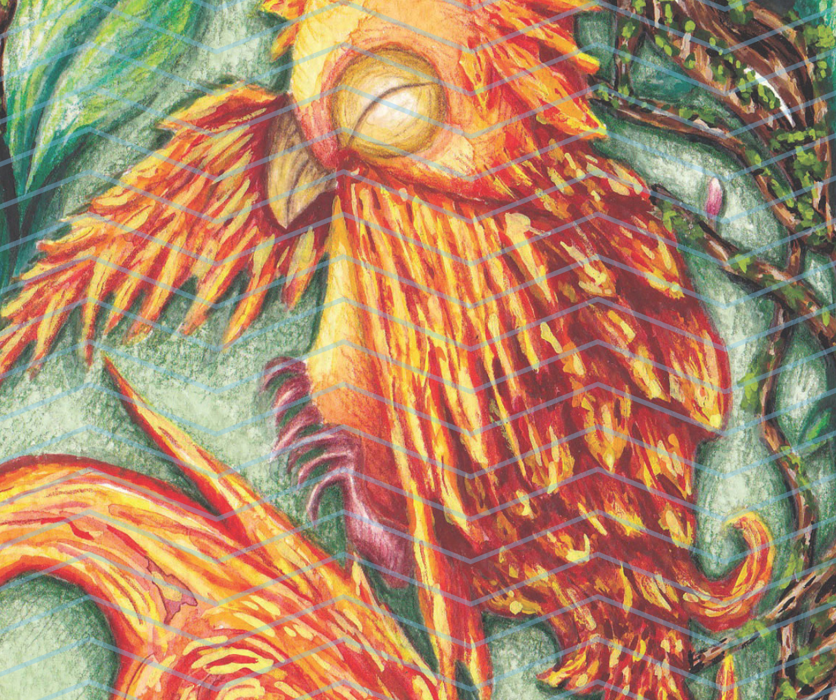 a close up and watermarked image of image shows a portrait art print featuring a painting of a baby phoenix resting on it's side, inside a nest made of twigs, leaves and budding flowers