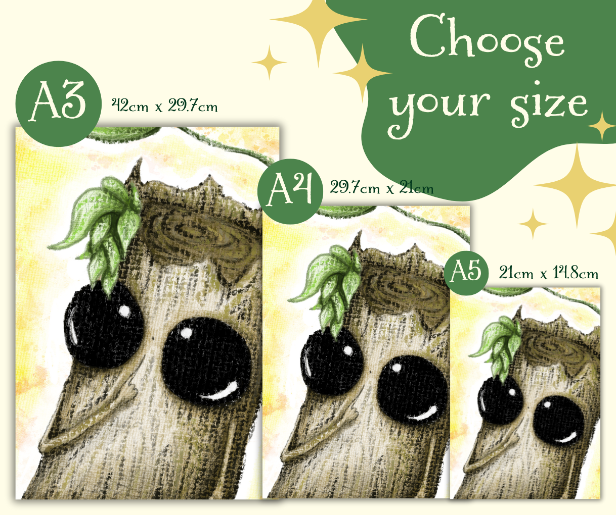 Illustration of a tree-like character with black eyes and green leaves, showing different size options.
