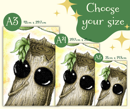 Illustration of a tree-like character with black eyes and green leaves, showing different size options.