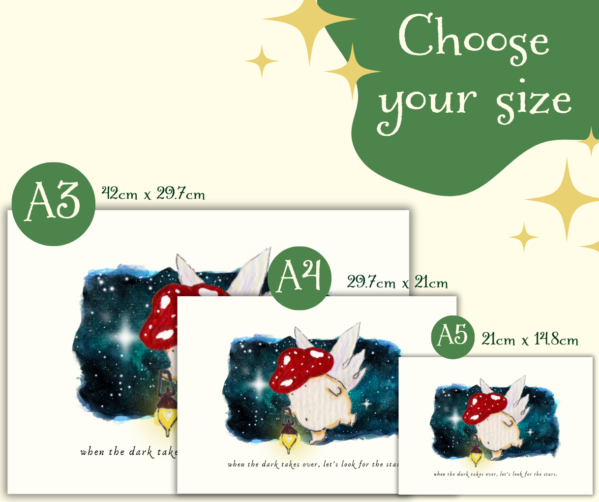 'When the dark takes over, let's look for the stars' Cute Fantasy Mushroom Art Print