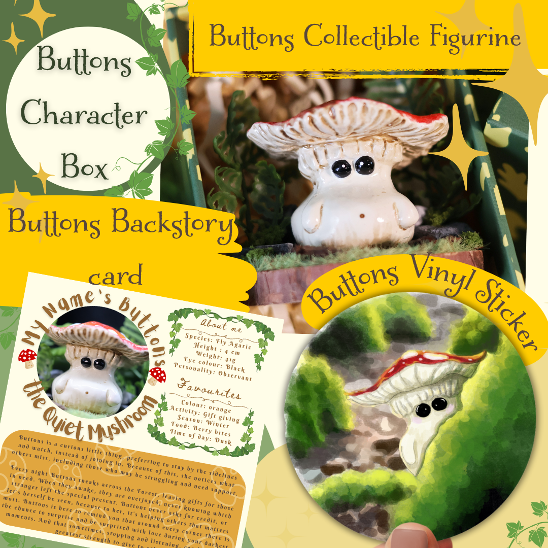 Collage of whats included in the Buttons the Quiet mushroom collectible Character box - including a figurine, character box, backstory card, and vinyl sticker.