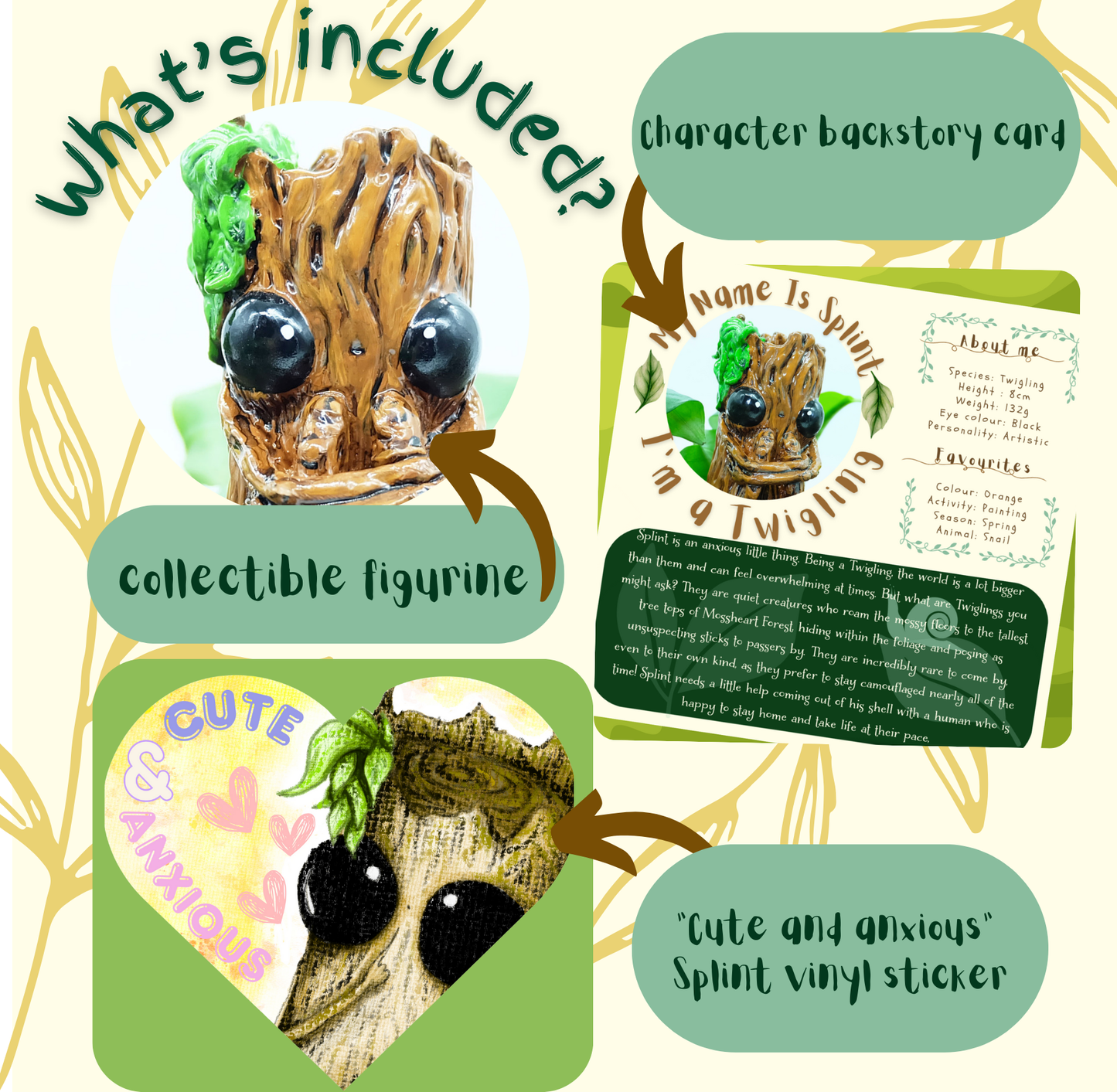 A graphic image showing 'What's included?' with your purchase. Images are: Collectible figurine, Character Backstory Card & 'Cute & Anxious' Vinyl Sticker. The photos are presented in the image in a collage like format, placed in a cream background. 