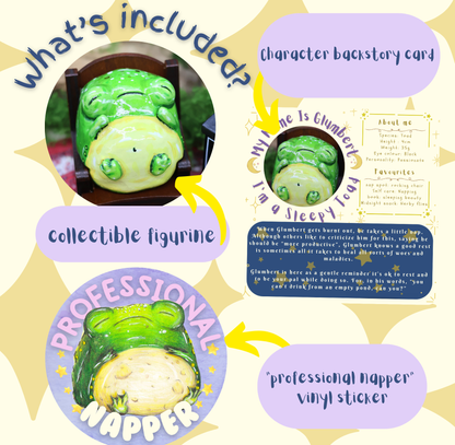 graphic shows details of what's included in the 'Rest and Recovery' Mental health box. The title reads, 'What's included',  'You can see a sleepy glumbert figurine, professional napper vinyl sticker, rest and recovery themed backstory card. This graphic features three images, one of sleeping glumbert in his rocking chair, one of the backstory card, and one of the vinyl sticker