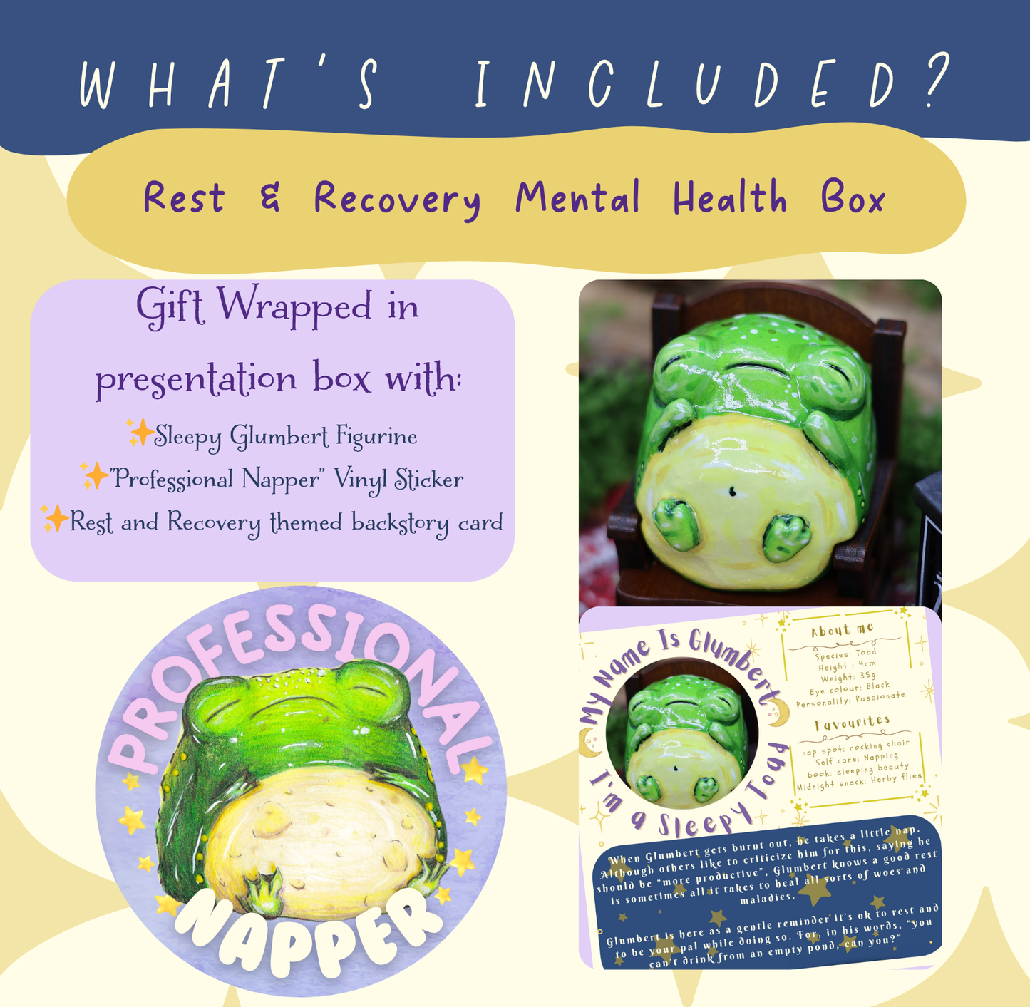 graphic shows details of what's included in the 'Rest and Recovery' Mental health box. The title reads, 'What's included', underneath reads, 'Rest & Recovery Mental health box'. Below is a lilac box, which explains, included gift wrapped in the presentation box is, sleepy glumbert figurine, professional napper vinyl sticker, rest and recovery themed backstory card. This graphic features three images, one of sleeping glumbert in his rocking chair, one of the backstory card, and one of the vinyl sticker