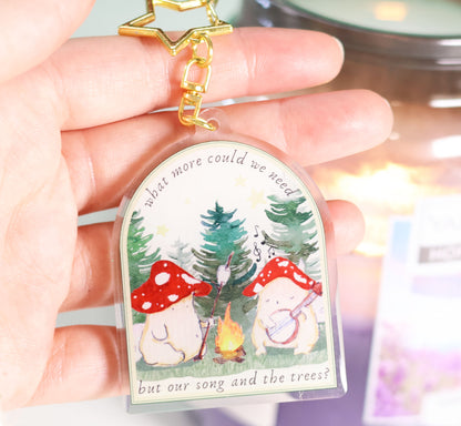 'All we need is our song, and the trees' - camping mushrooms glitter keyring