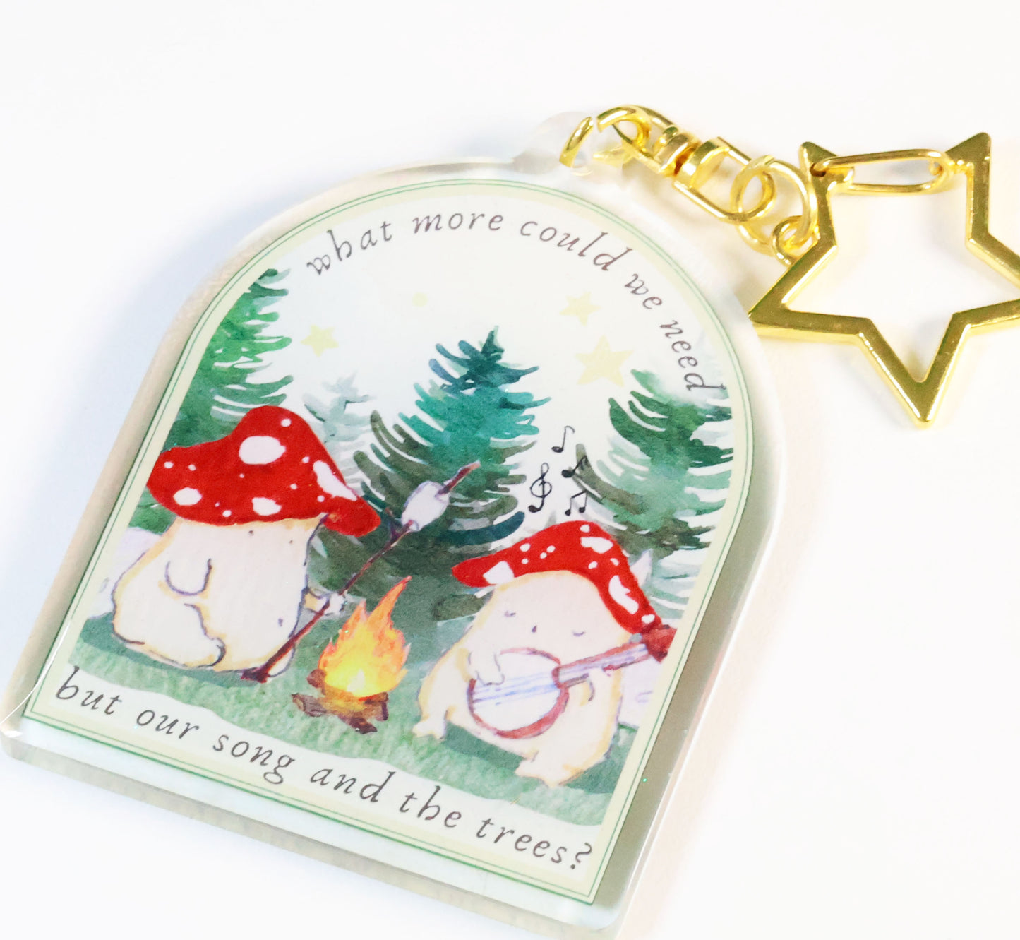 'All we need is our song, and the trees' - camping mushrooms glitter keyring
