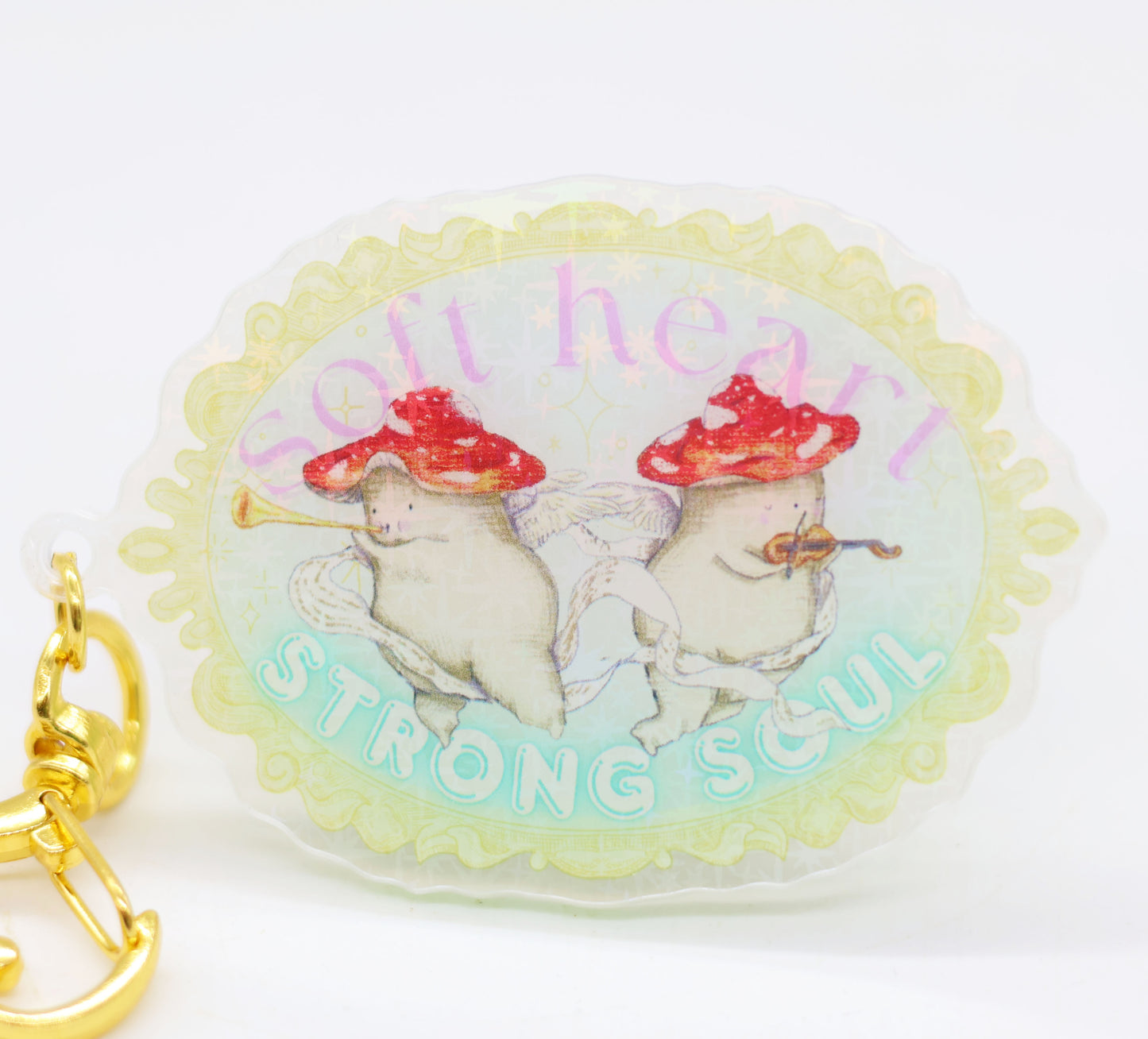 'Soft heart, strong soul' - Cherub mushie glitter keyring