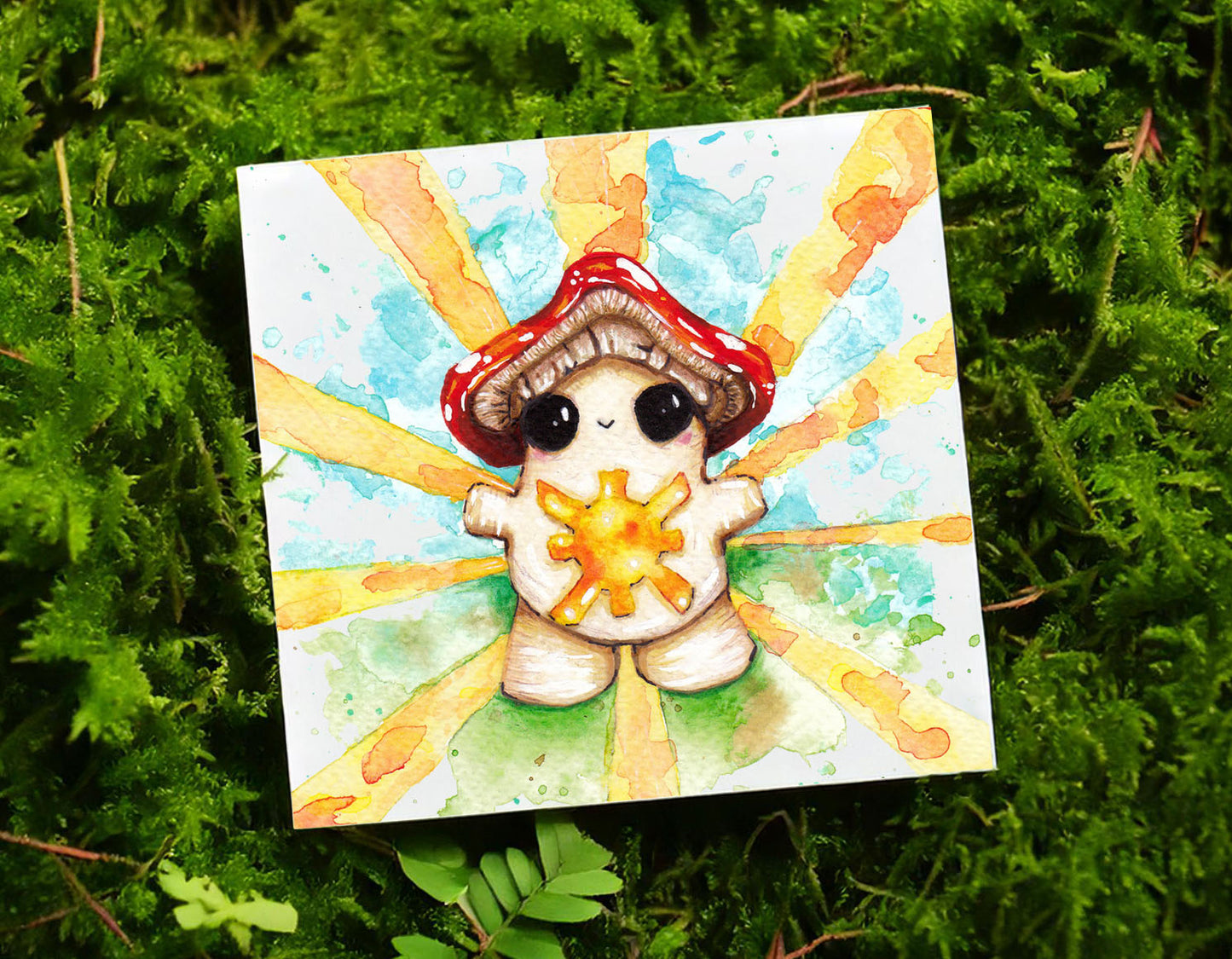 the photo shows an art print laying on top of a mossy ground. The art print features a smiley toadstool mushroom emitting a sunny glow from her belly. around her are blue and green watercolour markingsv