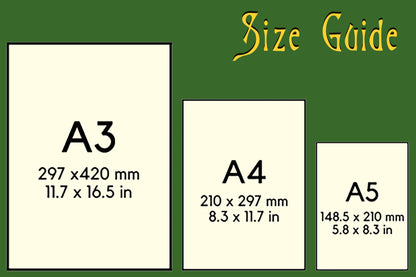 a diagram of A3, A4 and A5 size guides for art prints 