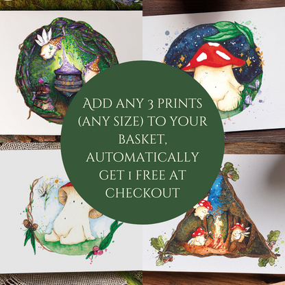 image shows a collage of 4 art prints all featuring fantasy toadstool mushrooms placed within a fantasy setting in nature

a large graphic reads the text "add any 3 prints (any size) to your basket, automatically get 1 free at checkout"