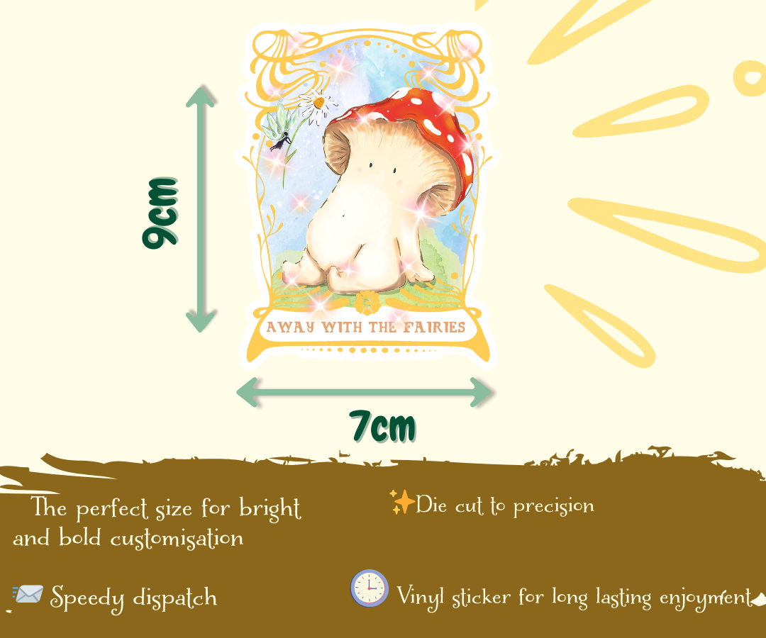 Image shows sticker of toadstool mushroom seated on a bed of mossy grass, they are looking up at a fairy who is handing them a daisy from above. The artwork is framed by an ornate gold art nouveau style frame. the graphic shows arrows demonstrating the size 9cm x 7cm, the text below details the selling points of the product