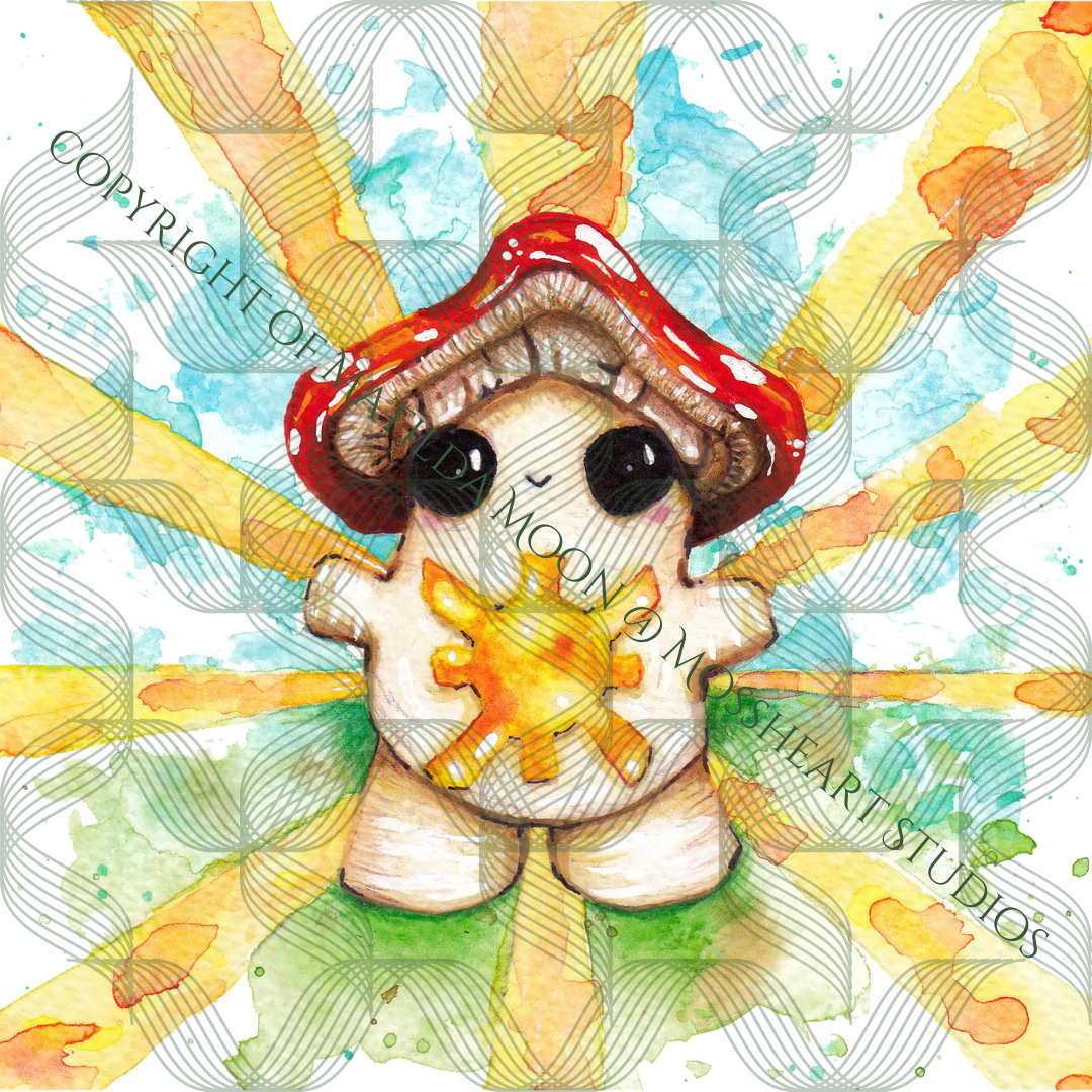 a watermarked close up photo of art piece of a smiley toadstool mushroom emitting a sunny glow from her belly. around her are blue and green watercolour markings