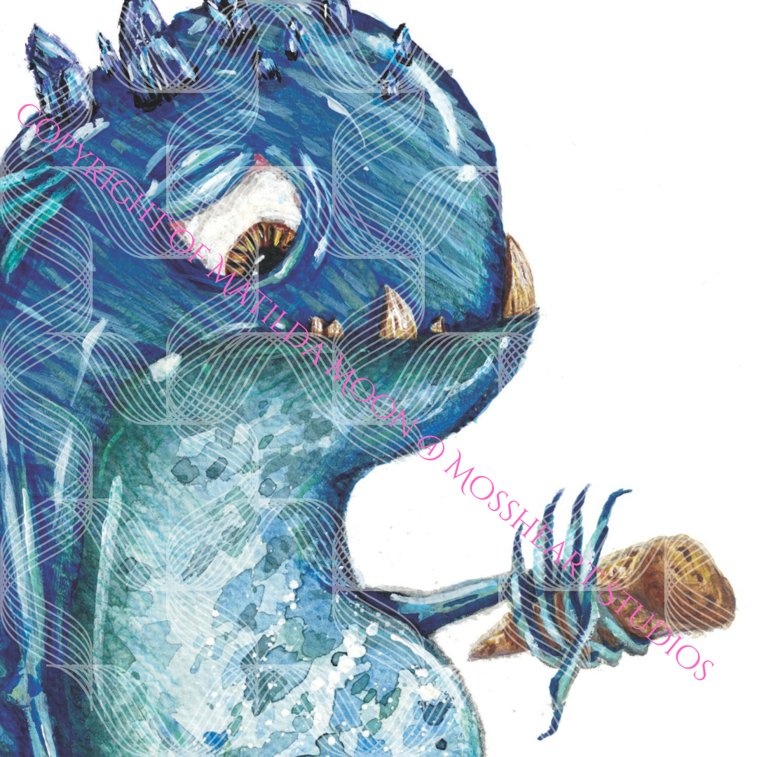 a close up watermarked and copyrighted image of art work featuring a blue mystical fantasy creature,  with small wings and crystal points coming from their head. he looks down hopelessly at the ice cream that has just fallen to the ground from his cone.