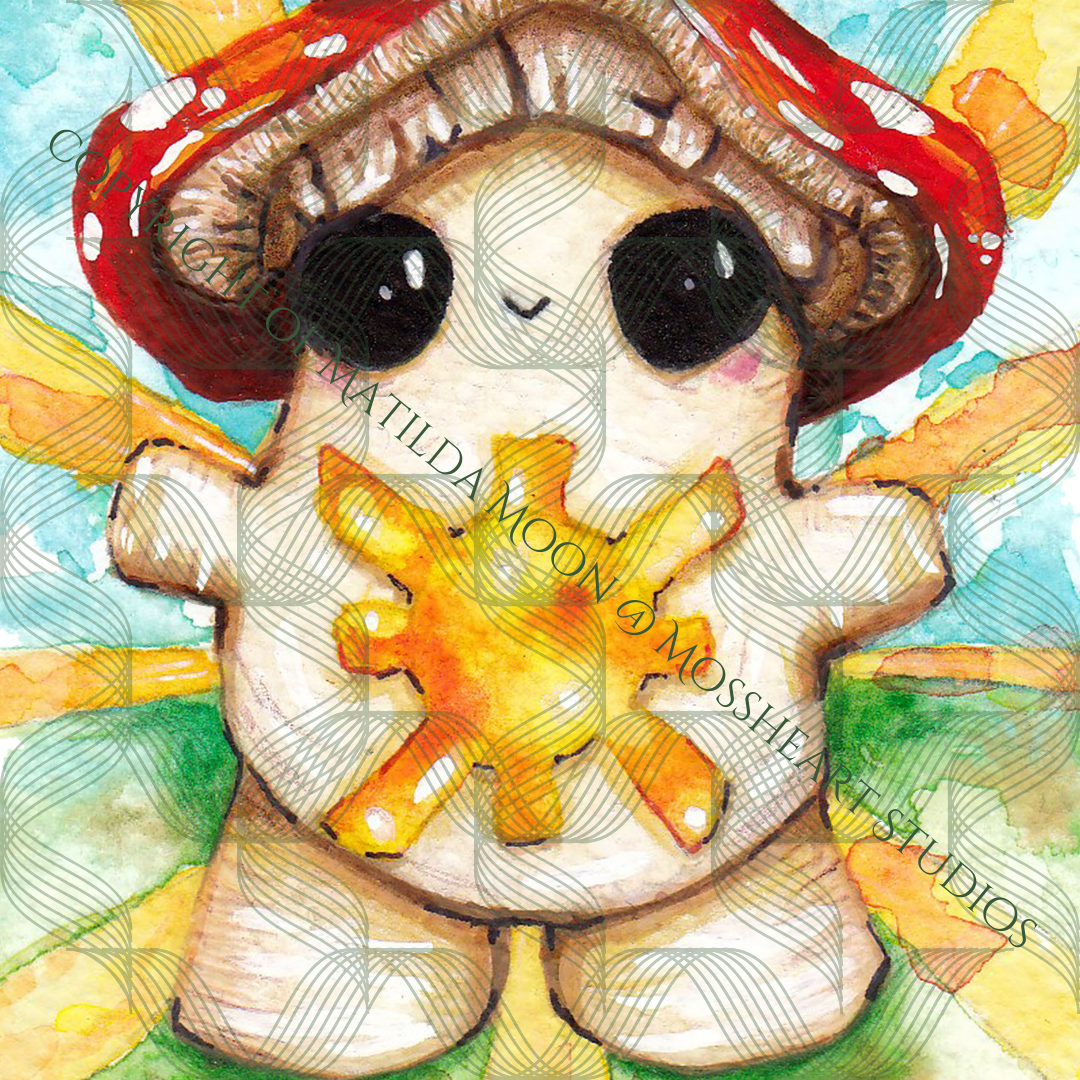 a watermarked close up photo of art piece of a smiley toadstool mushroom emitting a sunny glow from her belly. around her are blue and green watercolour markings