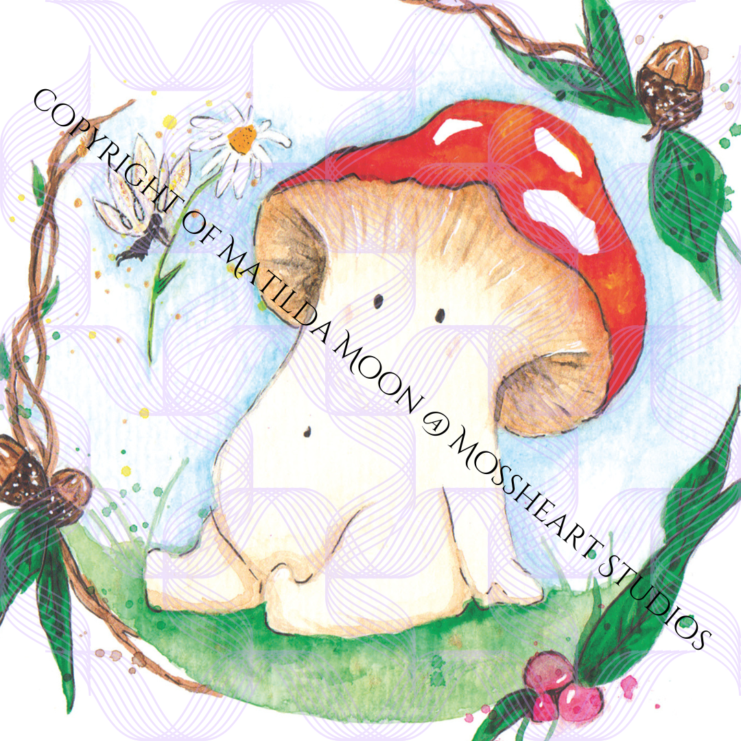 watermarked close up of a watercolour illustration is of a toadstool mushroom meeting a fairy. the fairy is offering a daisy