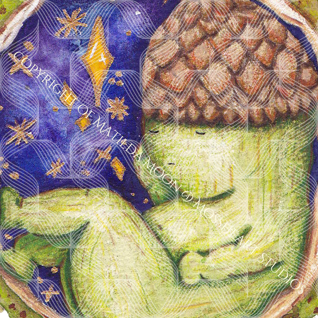 watermarked and copyrighted close up of watercolour artwork print by Matilda Moon. artwork features a small acorn baby creature sleeping inside the shell of a conker. behind them is a magical starry night