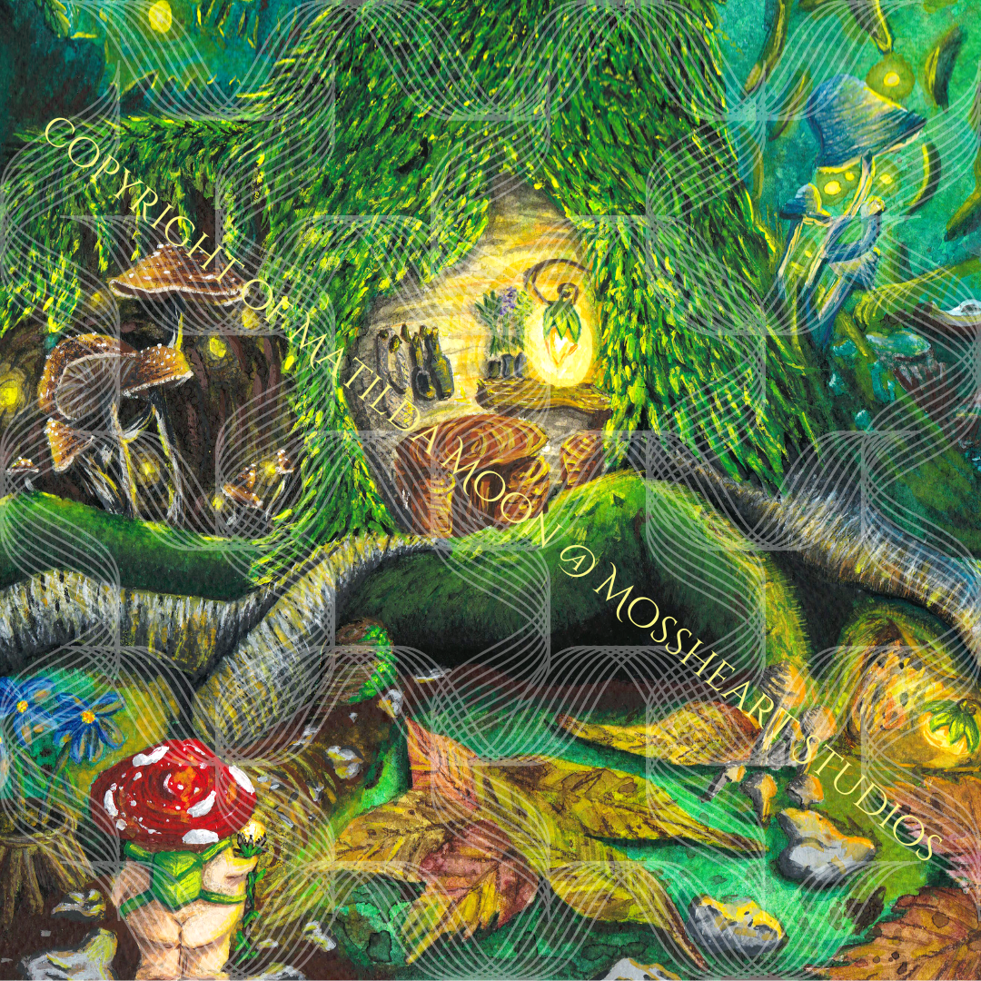 watermarked close up of art piece, the artwork is a print of watercolour painting, of a night time forest scene within Mossheart forest. The piece features a small habitat created within a tree stump, including a chimney. there are fireflies and mushrooms and a mushroom person approaches the scene with her backpack