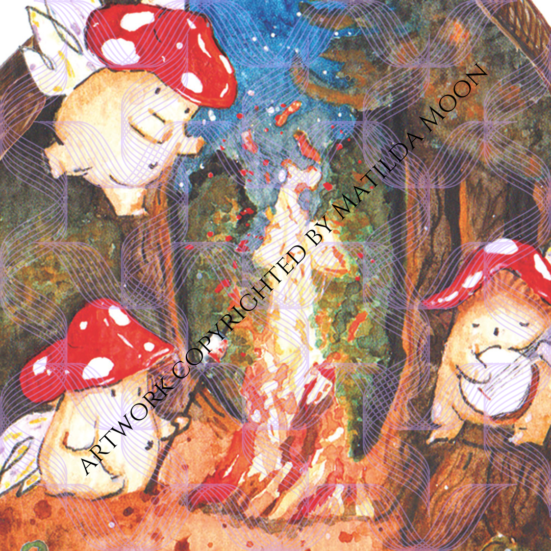 watermarked close up of high quality art print showing three toadstool mushroom fairies around a glowing campfire within a dark forest