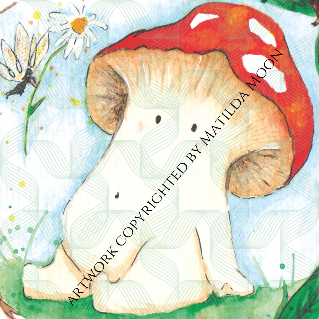 watermarked close up of a watercolour illustration is of a toadstool mushroom meeting a fairy. the fairy is offering a daisy