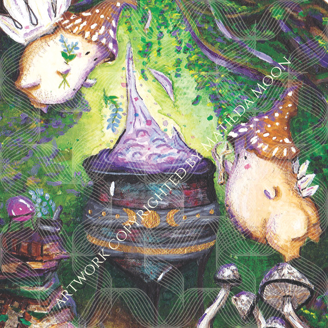 A watermarked close up of high quality art print of witchy mushroom folk brewing a purple bubbling potion in a magical enchanted forest