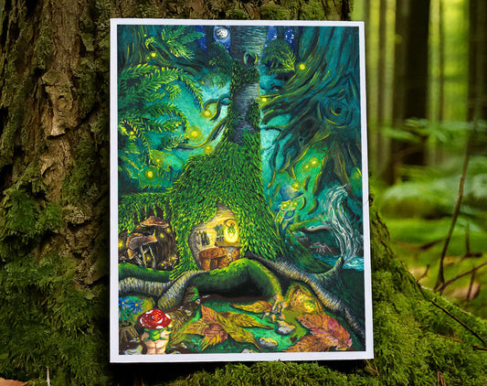 an art print rests upon a mossy tree trunk. the artwork is a print of watercolour painting, of a night time forest scene within Mossheart forest. The piece features a small habitat created within a tree stump, including a chimney. there are fireflies and mushrooms and a mushroom person approaches the scene with her backpack