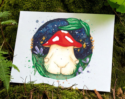 high quality art print on moss ground featuring a meditating fly agaric toadstool mushroom seated on the grass floor. sat in front of a night sky, with gold sparkling stars surrounding them. placed around them are purple amethyst crystal points