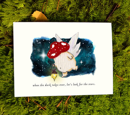 'When the dark takes over, let's look for the stars' Cute Fantasy Mushroom Art Print