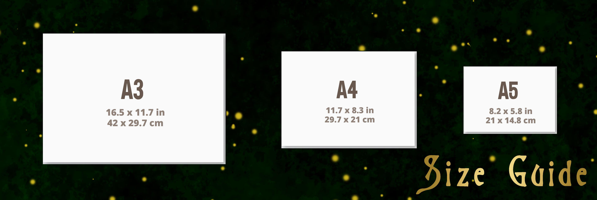 image showing a size demonstration of measurements for A3, A4 and A5 art prints