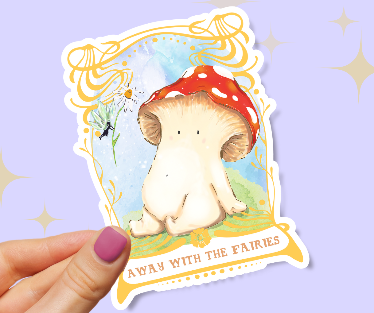 Image shows sticker of toadstool mushroom seated on a bed of mossy grass, they are looking up at a fairy who is handing them a daisy from above. The artwork is framed by an ornate gold art nouveau style frame. the sticker is held by two fingers in front of a pastel lilac background